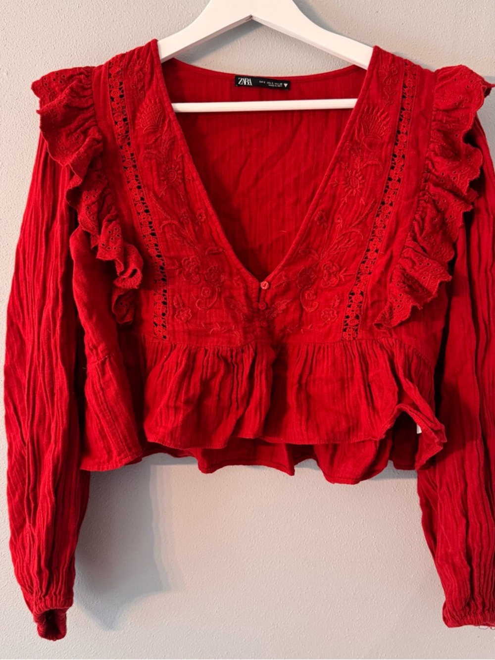 Zara Tops|Embroidered Frilled Top Size small with Buttons | Color: Red | Size: S